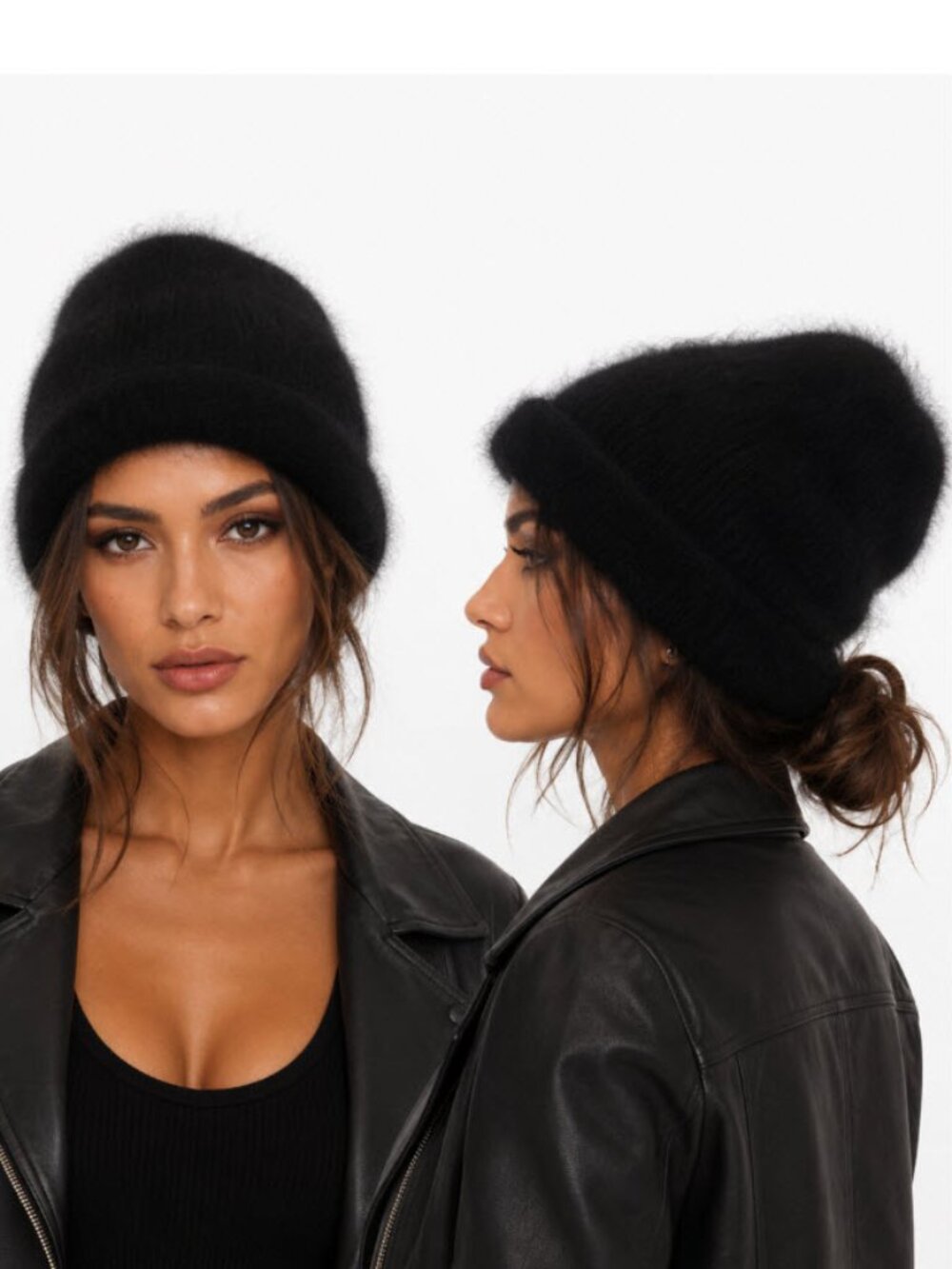 Angora Rabbit Hair Black Hat Women’s Soft Knit Beanie Made in Italy